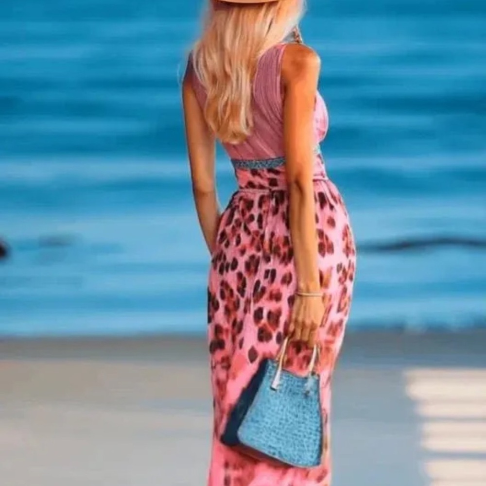 Pink Leopard-Print Halter Maxi Dress with Turquoise Trim - Picture 4 of 13